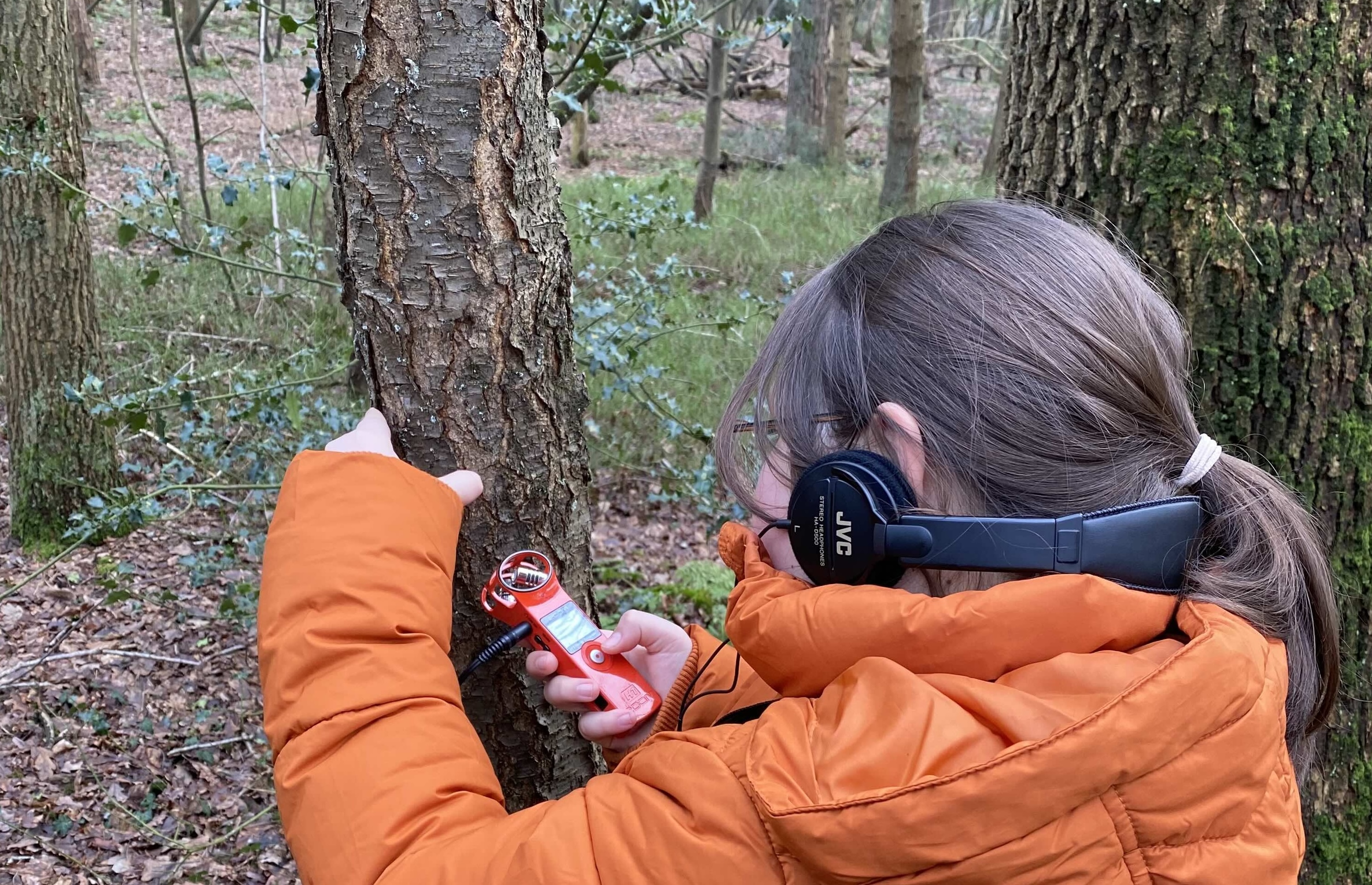 Een leerling maakt een geluidsopname bij een boom